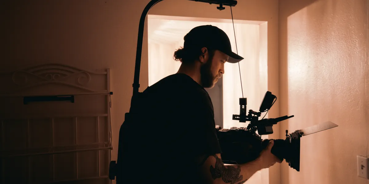 A bearded operator in a cap holds a shoulder-rigged cinema camera in a doorway, backlit by a soft practical light